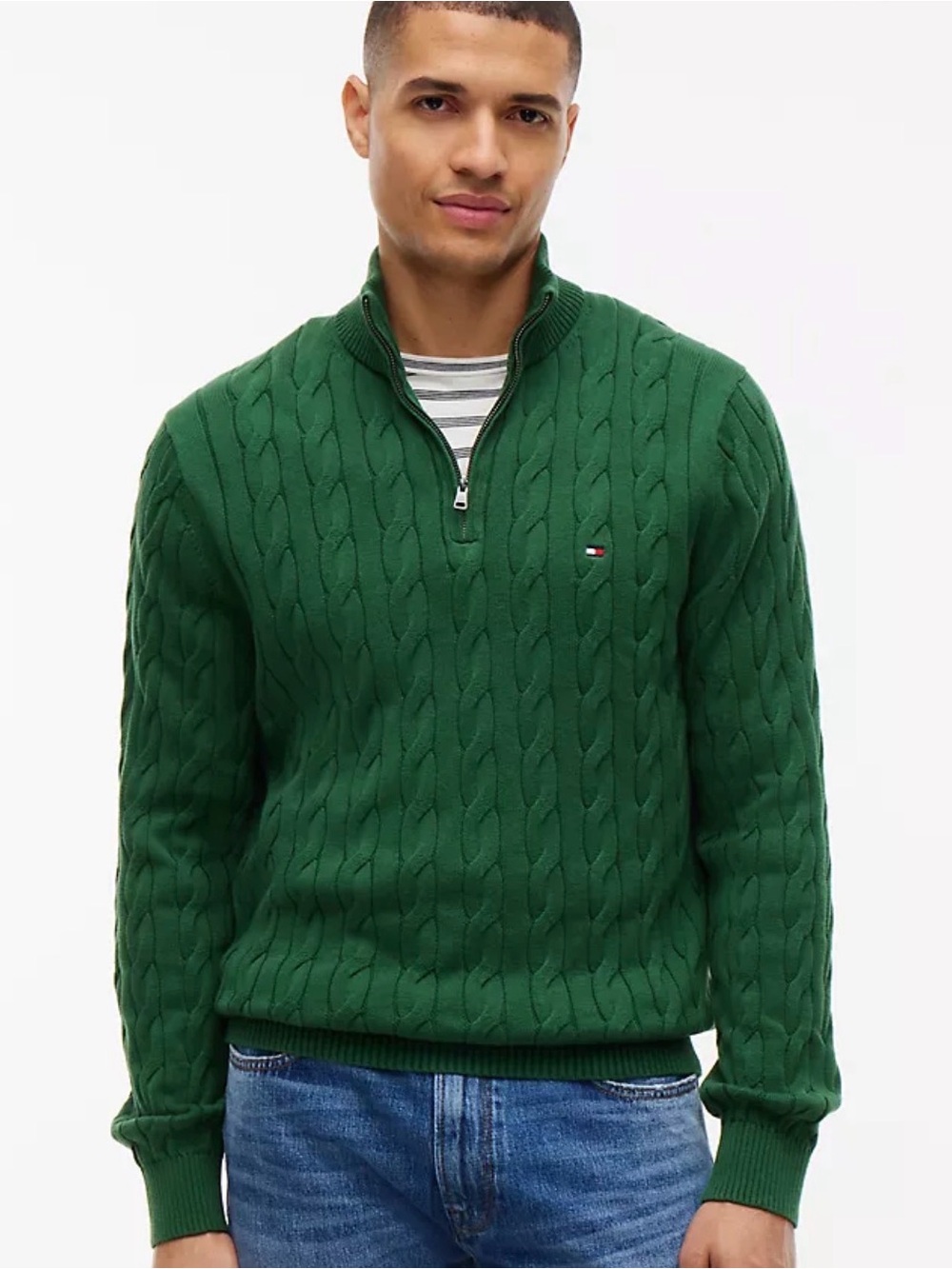 Tommy Hilfiger Green Cable-Knit Half-Zip Pullover